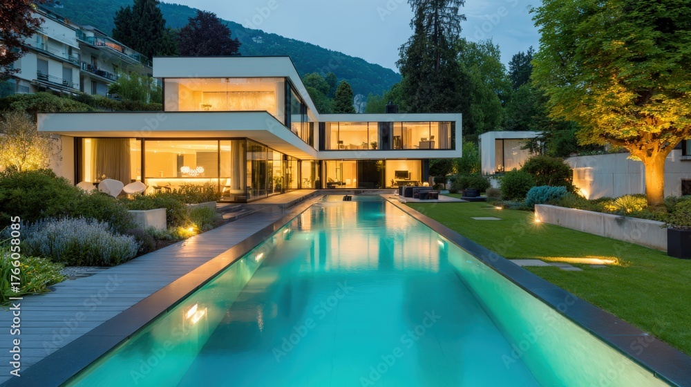 Fototapeta premium Modern luxury villa with infinity pool and illuminated garden.
