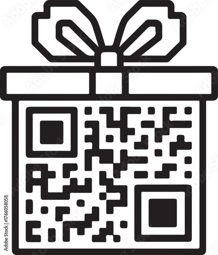 Digital Gift Box Minimalist Vector Outline Merging QR Code Design and Holiday Celebration Concept