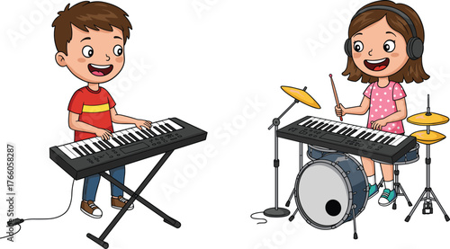 children, music, instruments, keyboard, drums, creativity, learning, fun, cartoon, illustration, vector, design, creative, element, lifestyle, activity, performance, sound, rhythm, concept
