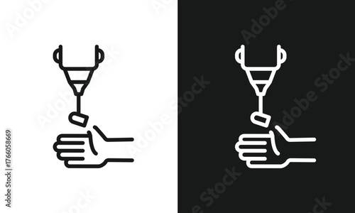 Robotic Arm 3D Printing on Human Hand Line Art Icon, Bionic Technology and Additive Manufacturing Symbol, Minimalist Vector Graphic for Bio-printing, Prosthetics, and Future Concepts.
