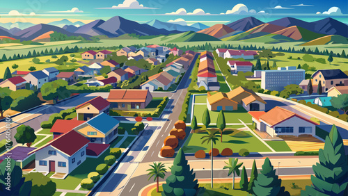 Very beautiful, daytime aerial view of a suburban neighborhood in Moreno Valley, California, USA, tree-lined streets, residential houses, parks, rooftops, orderly layout, and peaceful suburban 