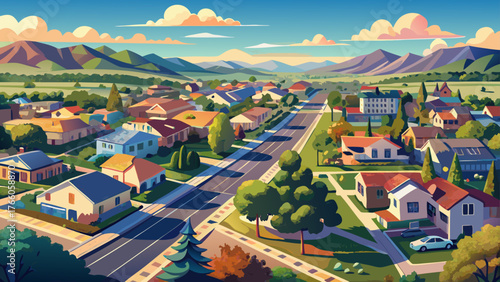 Very beautiful, daytime aerial view of a suburban neighborhood in Moreno Valley, California, USA, tree-lined streets, residential houses, parks, rooftops, orderly layout, and peaceful suburban landsca
