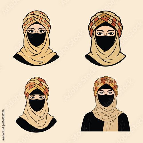 Middle Eastern Woman Avatars with Niqab and Turban in Earthy Tones