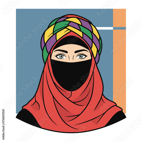 Middle Eastern Woman with Niqab and Multi-Color Turban on Abstract Background