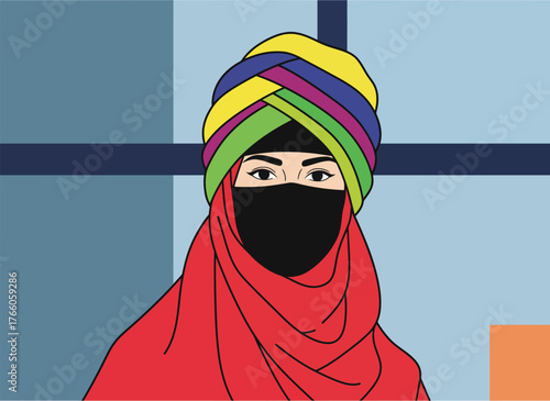 Woman with Niqab and Multi-Colored Turban Against Abstract Blue Background