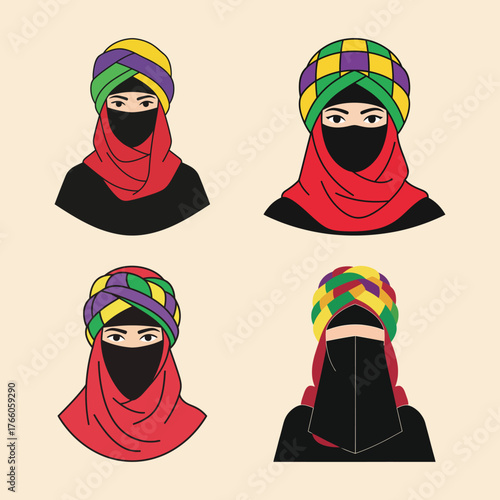 Vibrant Middle Eastern Woman Avatars with Niqab and Colorful Turbans