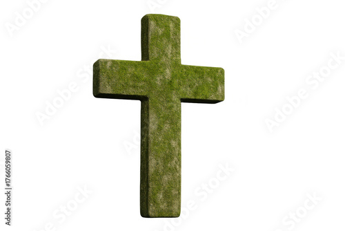Stone christian cross covered in green moss, symbolizing faith, spirituality, and remembrance. Isolated on a transparent background