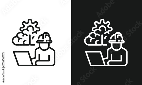 Cloud Computing and AI Engineering Icon, Industrial Worker Managing Brainstorming or Digital Twin via Laptop, Minimalist Line Art for Technology, Manufacturing, and Cloud-Based Systems.