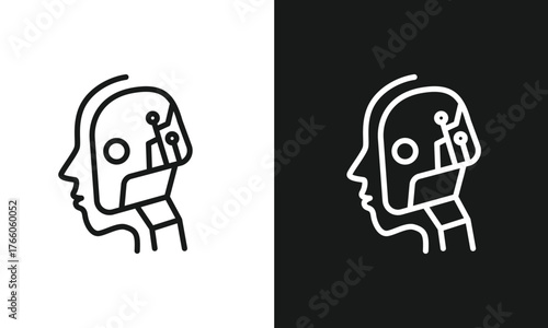 Minimalist Robot Head Line Art Icon, Humanoid AI Symbol in Profile, Modern Vector Graphic for Artificial Intelligence, Technology, and Future Concepts, Black and White Versions.