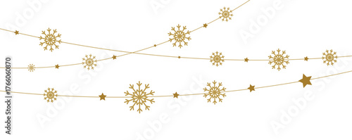 Garland with golden snowflakes on a white background. Banner, poster, greeting card