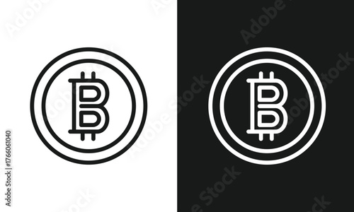 Bitcoin Coin Line Art Icon, Minimalist Cryptocurrency Symbol, Modern Vector Graphic for Digital Currency, Blockchain Technology, and Finance, Black and White Versions.