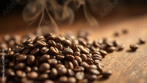 Fresh coffee beans on wood with steam, evoking warmth and rich aroma.