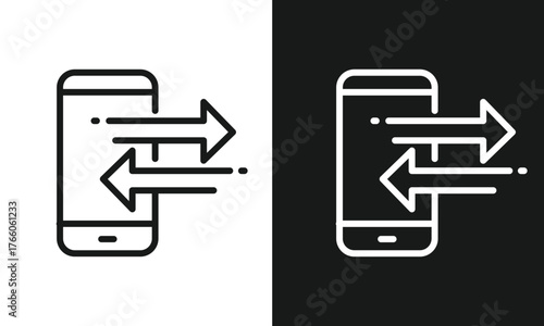 martphone Data Transfer Icon, Mobile File Sharing and Synchronization Line Art, Minimalist Vector Graphic for Data Exchange, Import Export, and Connectivity, Black and White Versions.
