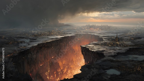 Fototapeta Naklejka Na Ścianę i Meble -  A gigantic fissure opening in the earth’s crust, glowing magma and collapsing cities, dramatic fine art composition, 