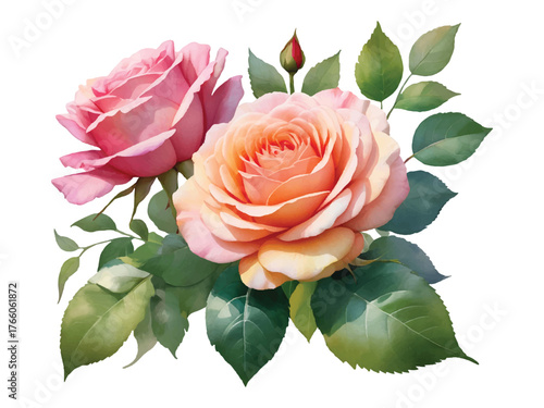 Pink roses bloom gently surrounded by fresh vibrant green leaves in watercolor style convert to vector