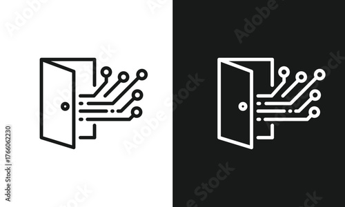 Digital Access Icon Vector Illustration, Open Door to Technology, Circuit Board Connection, and Network Gateway Line Art for IT Concepts.