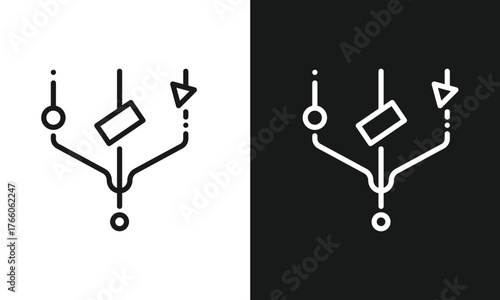 Abstract Process Flow Diagram Icon, Minimalist Line Art Representing Data Convergence or Workflow Stages, Modern Vector Graphic with Geometric Shapes Merging to a Single Point, Black and White Version