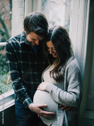 A pregnant woman is holding her stomach while a man stands behind her