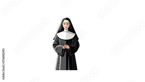 Portrait of a Catholic Nun in Traditional Habit, Isolated on White Background