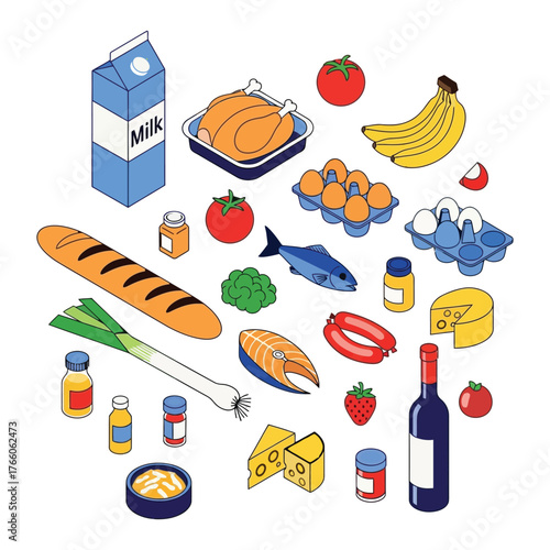 Isometric collection of fresh groceries and food items arranged in a circular pattern on a white background