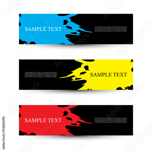Set of Three Paint Splatter Banners with Sample Text on Black Background in Blue, Yellow, and Red Variants. The editable text blocks allow for easy customization while maintaining an artistic tone. 
