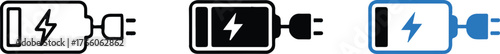 battery charging icon set with plug and lightning bolt outline filled and colored versions for ui and apps