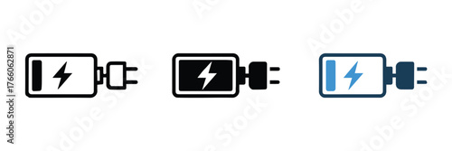 vector battery plug icons low charge indicator filled outline and color versions for mobile app ui
