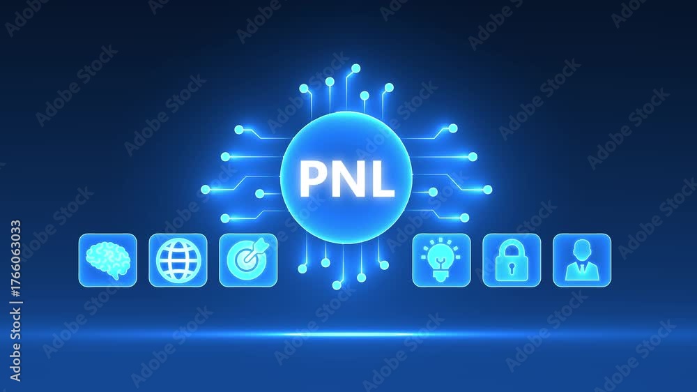 Digital PNL concept with glowing circuit board and business icons on dark blue background Keywords: PNL, Profit and Loss, business, technology, digital, concept, icon, brain, globe, target