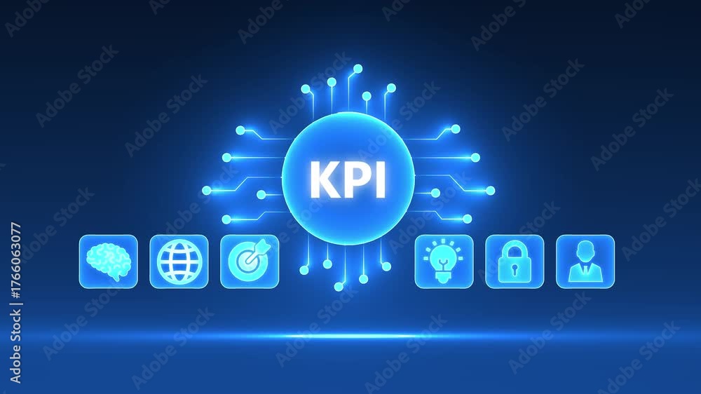 Digital KPI concept with glowing circuit board and business icons on dark blue background Keywords: KPI, Key Performance Indicator, business, technology, digital, concept, icon, brain, globe