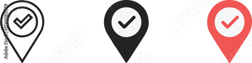 minimalist location pin with checkmark icon set outline solid and colored variations for verified map marker design