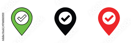 set of verified location pin icons checkmark marker in outline solid and red styles for map app interface design