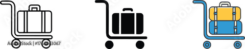 luggage cart icon set outline, silhouette and colorful stacked suitcases for travel ui and branding