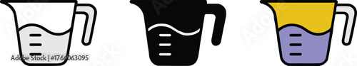 measuring cup icon set three styles black outline filled beige purple liquid kitchen measurement graphics for web and print