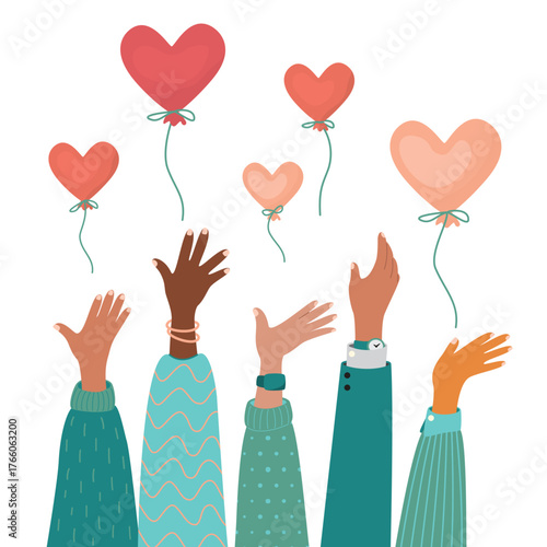 Heart-shaped balloons illustration with human hands. Male and female hands with different skin colors, varied clothes and gestures. People released balloons into the air. Vector flat design.