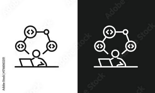 Software Developer Icon, Programmer at Laptop with Coding Symbols Network, Minimalist Line Art for Web Development, Programming, and IT, Modern Vector Graphic for Collaboration and Integration.