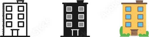 stylized building trio in line silhouette and colorful cartoon facade set for ui iconography and vector design
