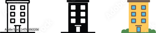 three variations of the same multi story building line art silhouette and colorful cartoon illustration for ui