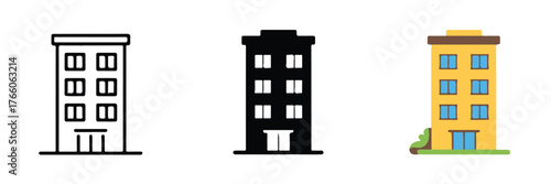 vector building icons set line art silhouette and colorful cartoon apartment facade for web and print use