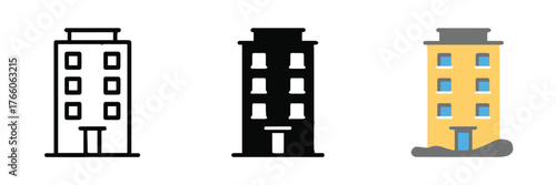 multi style building illustrations line drawing black silhouette and colorful cartoon facade for logos and ui