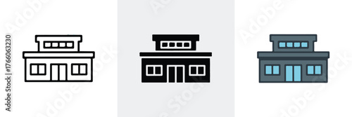 set of architectural icons two story house outline silhouette and colored facade for interface and branding