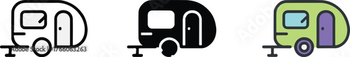 stylized travel trailer icons set three styles outline solid and colorful camper illustrations for branding and print vector ai eps png jpeg