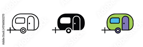 retro and modern camper vector trio trailer outline silhouette and full color rv graphics for logo and web use ai eps jpeg