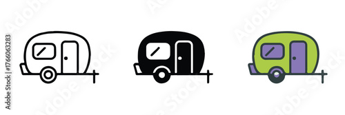 compact travel trailer icon set minimal flat silhouette and colorful camper illustrations for camping and travel