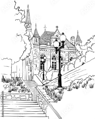 Nice view on Washington DC, USA. Urban landscape. Hand drawn sketch. Black and White illustration. Line Art. Vector background. Without people. Postcard style.