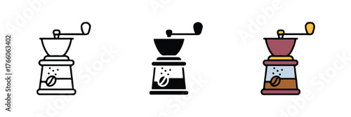 manual coffee grinder vector collection black outline solid silhouette and full color flat artwork for web print and packaging