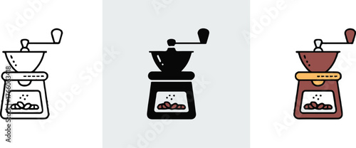 coffee grinder icon set vector three styles outline silhouette and colored hand coffee mill illustrations for product design