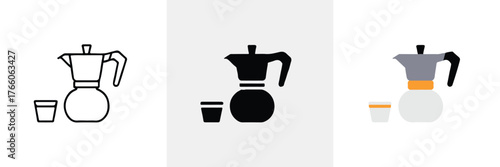 three stage coffee service vector carafes and cups empty full and hot brew tray icons for editorial use