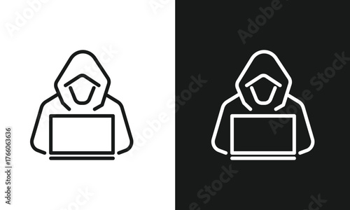 Hacker Icon with Laptop Line Art, Anonymous Hooded Figure Symbol, Concept for Cybersecurity Threat, Hacking, and Internet Crime, Minimalist Vector Graphic for Web Security, Black and White Versions.