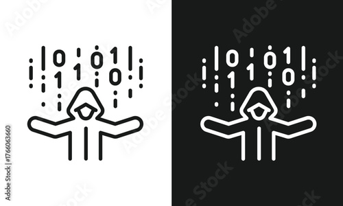 Anonymous Hacker in Hoodie Icon with Binary Code, Cybersecurity, Cybercrime, and Data Hacking Symbol.
