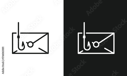 Phishing Email Icon, Cybersecurity Threat Line Art Symbol, Fishing Hook in Envelope Representing Online Scam and Fraud Alert, Minimalist Vector Graphic for Internet Security Awareness, Black and White